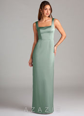 Azazie Flori Agave Sheath Side Slit Stretch Satin Dress