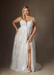 Azazie Monda Wedding Dress Diamond White Champagne A-Line Lace Tulle Dress