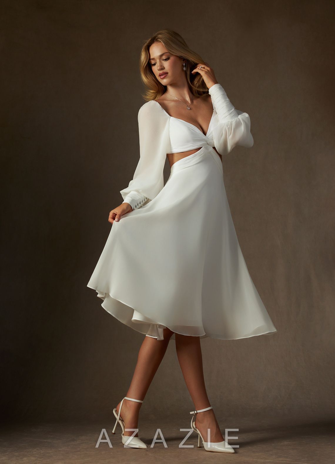 Azazie Delfina Wedding Dress Diamond White A-Line V-Neck Pleated Chiffon Dress diamond_white