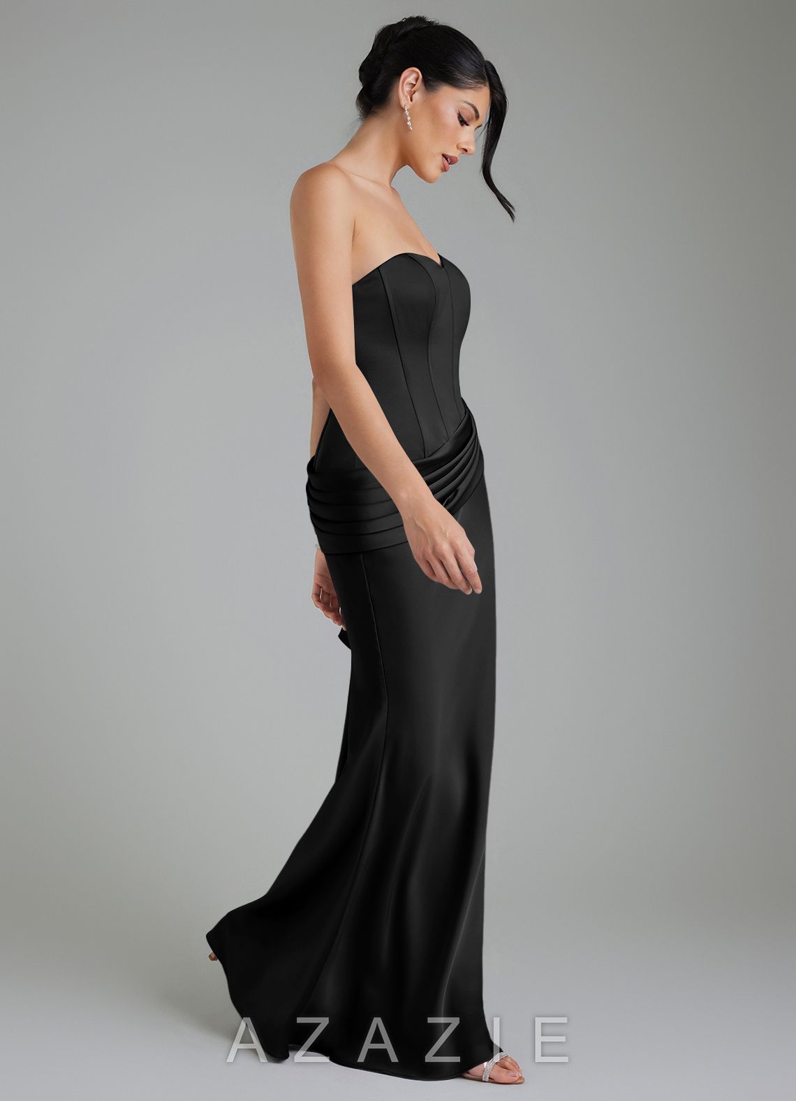 Azazie Draya Black Mermaid Strapless Stretch Satin Dress black