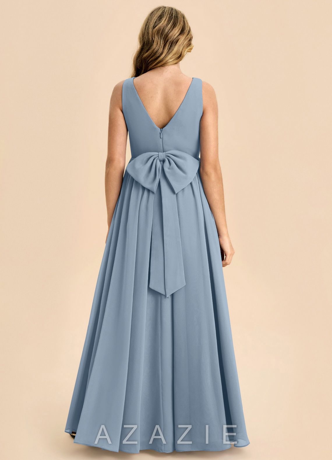 Azazie Hathaway Junior Dusty Blue A-Line Bow Chiffon Dress