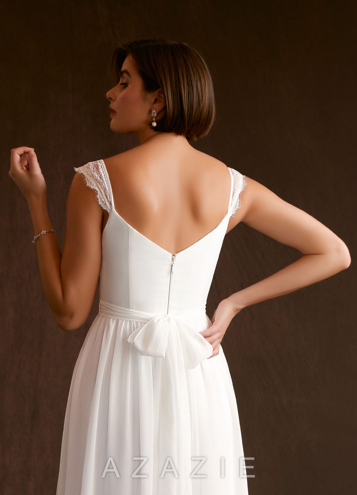 Azazie Aubriella Wedding Dress Diamond White A-Line Lace Chiffon Dress diamond_white