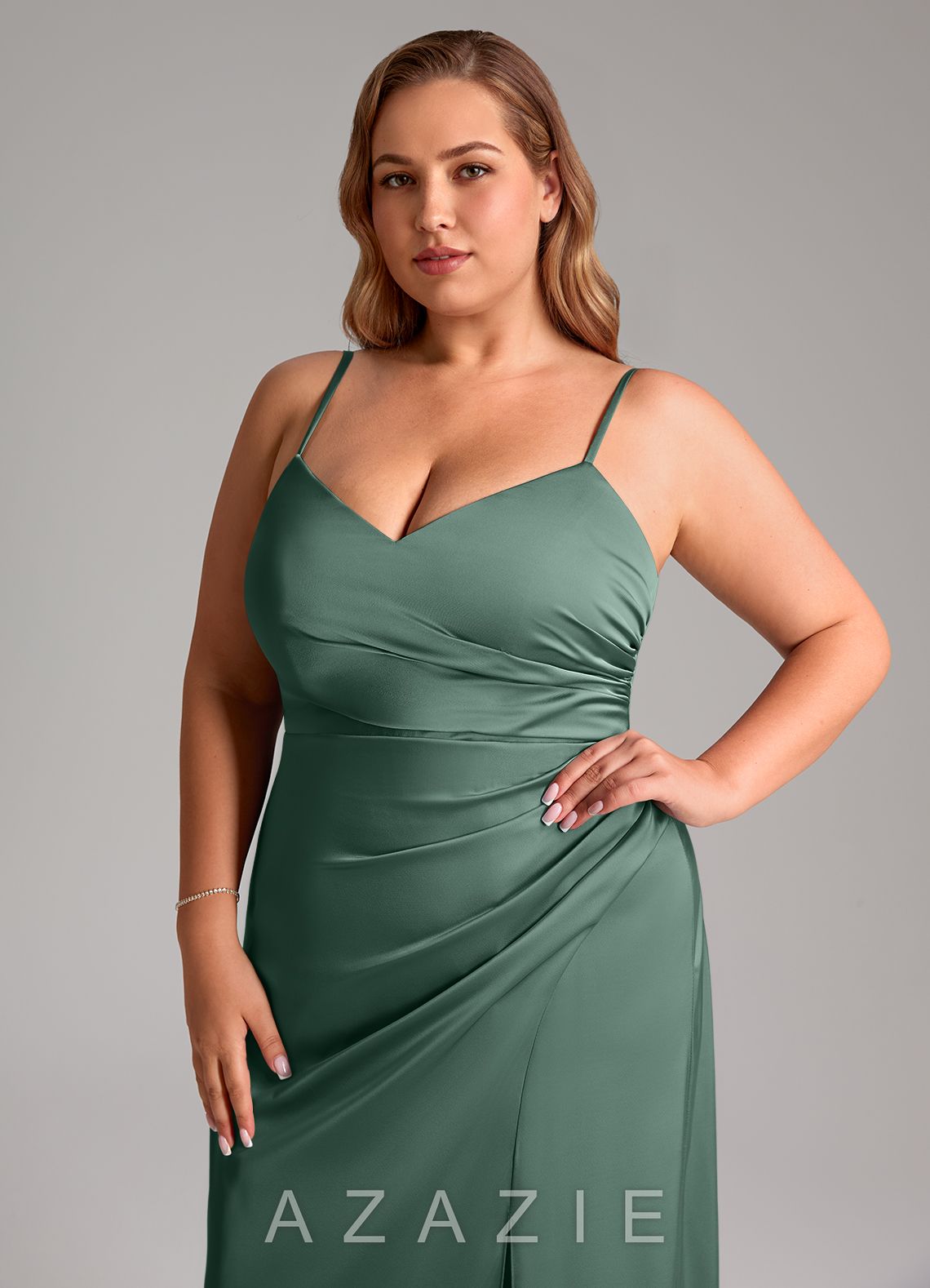Azazie Azuree Eucalyptus A-Line Pleated Stretch Satin Dress eucalyptus