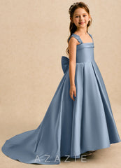 Azazie Genie Dusty Blue Ball-Gown Off the Shoulder Matte Satin Dress