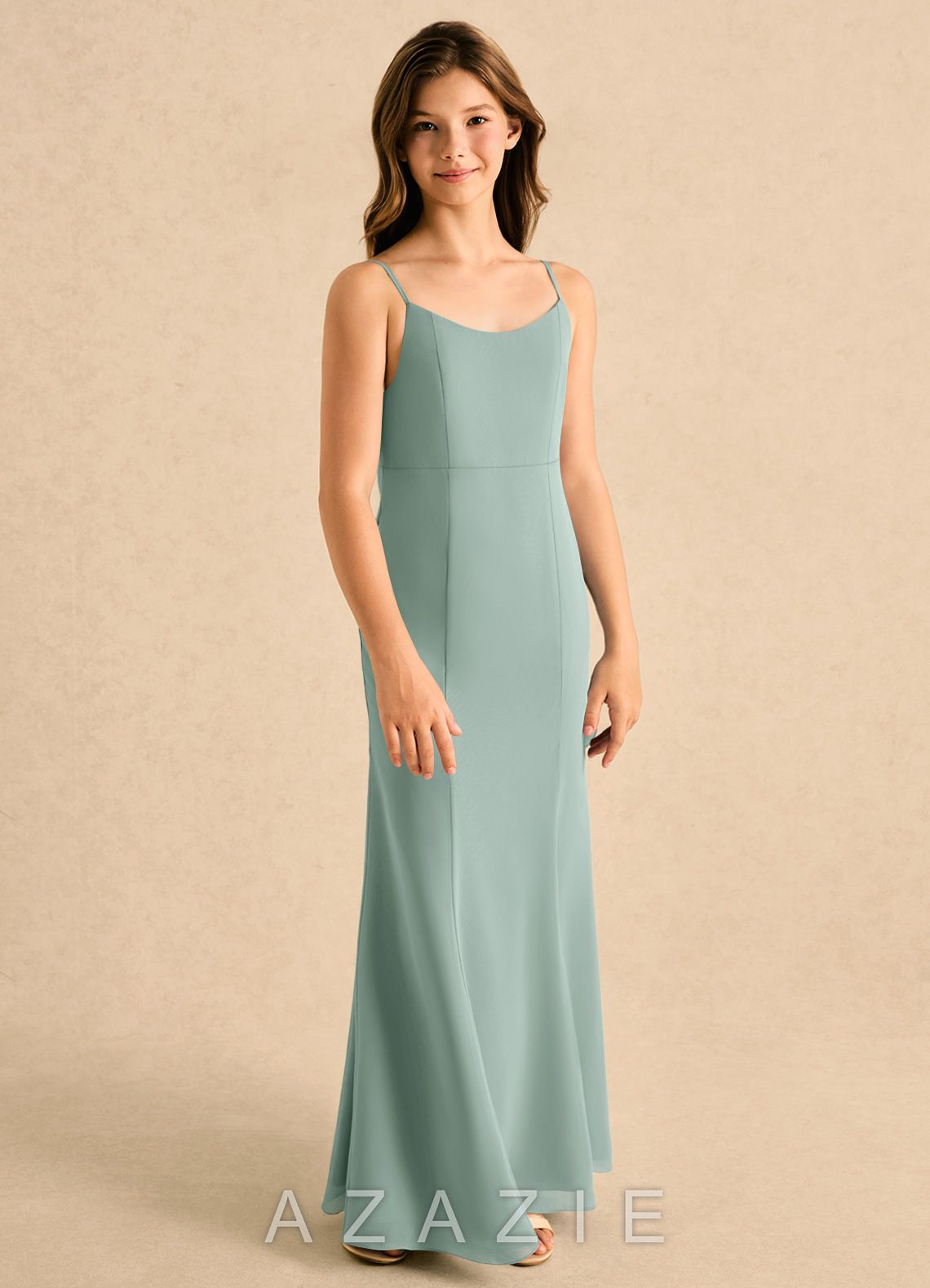 Azazie Kennie Girls Formal Agave Mermaid Pleated Chiffon Dress agave