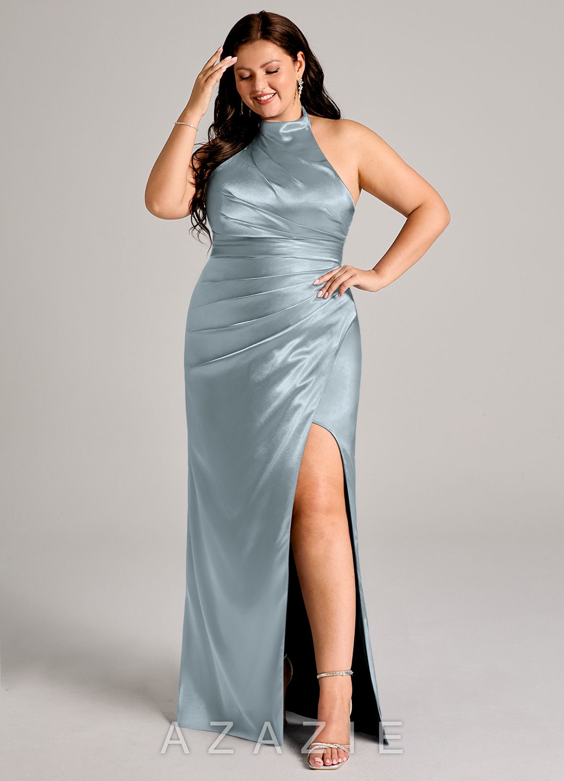 Azazie Jemma Dusty Blue Sheath Pleated Metallic Satin Dress dusty_blue