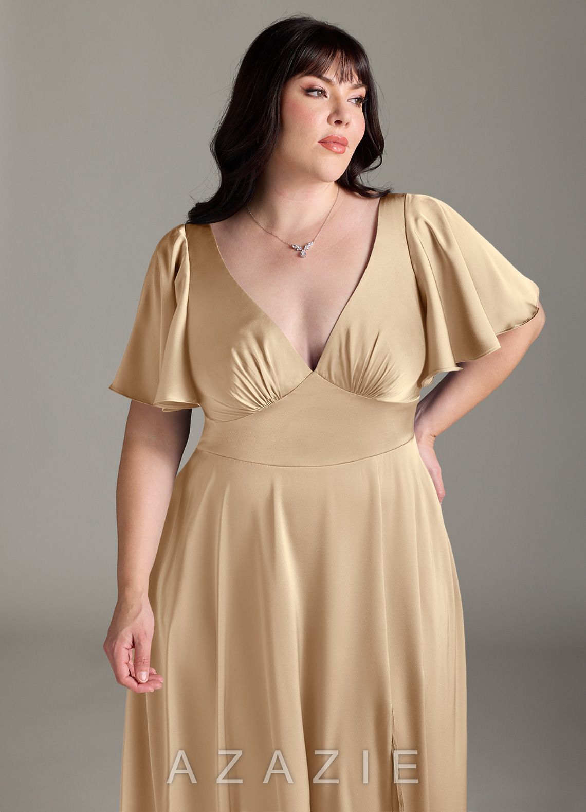 Azazie Kimber Champagne A-Line Ruched Stretch Satin Dress champagne