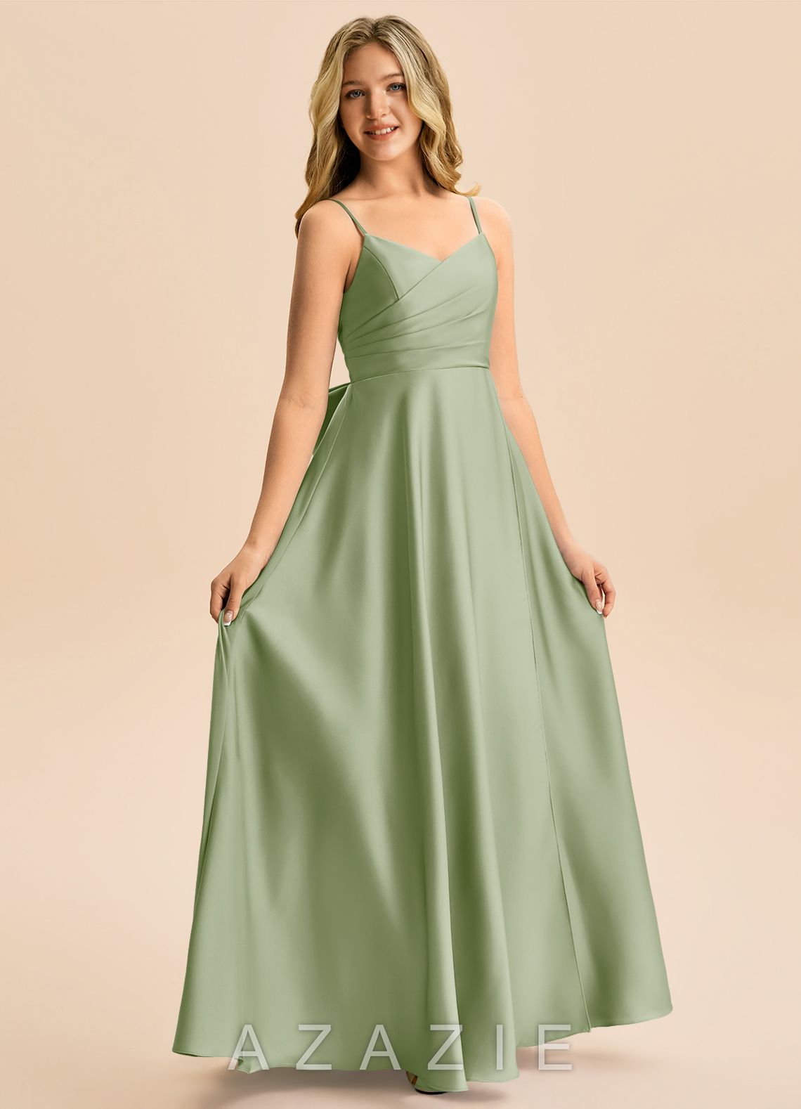 Azazie Rumi Junior Dusty Sage A-Line Pleated Stretch Satin Dress dusty_sage