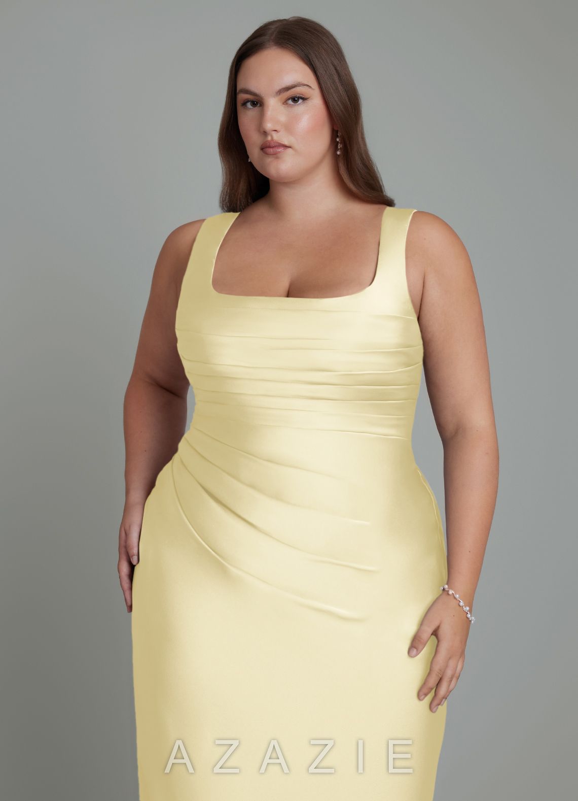Azazie Agustina Lemon Sorbet Mermaid Corset Stretch Satin Dress