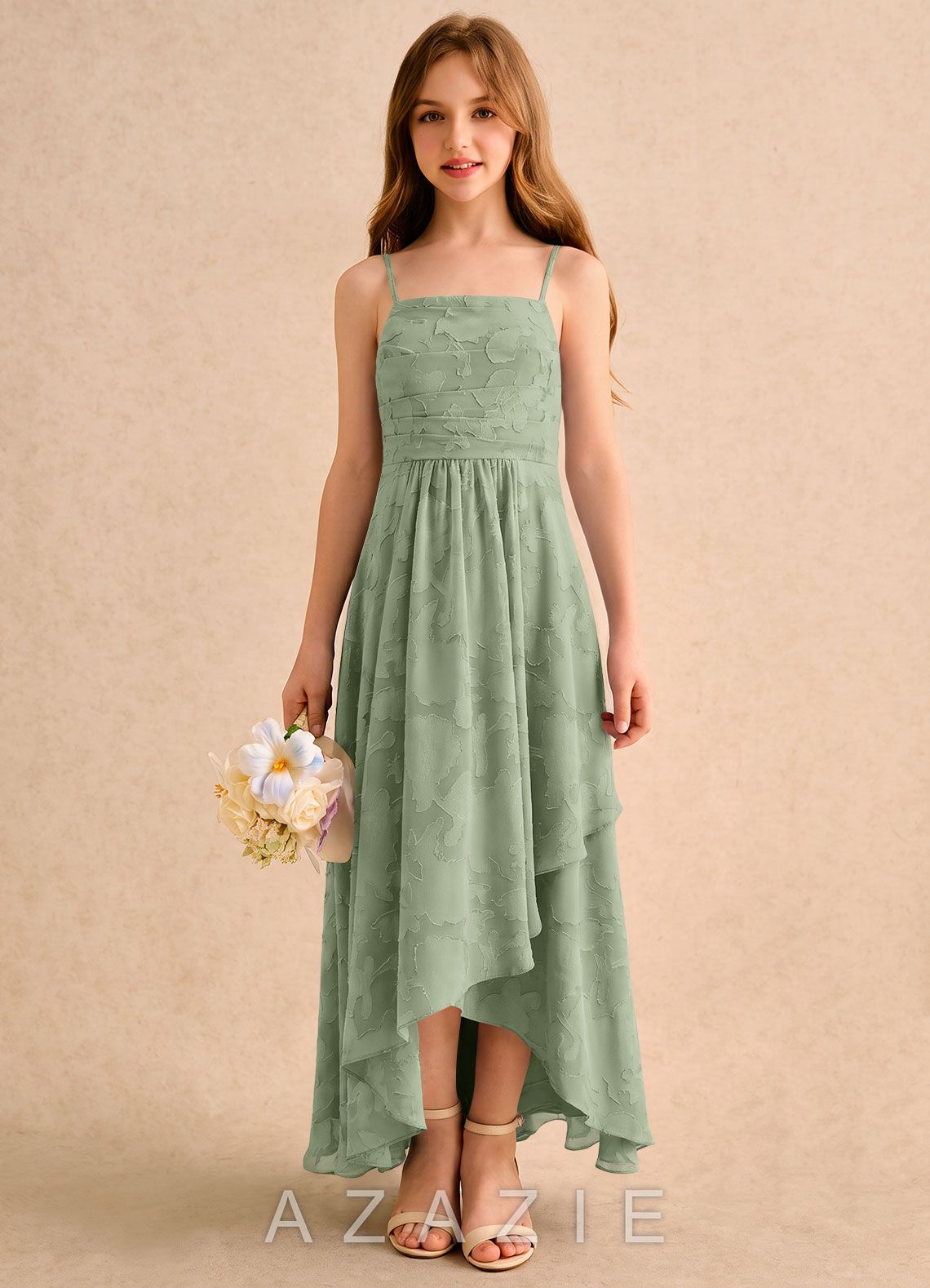 Azazie Twilight Girls Formal Dusty Sage A-Line Pleated Floral Burnout Dress