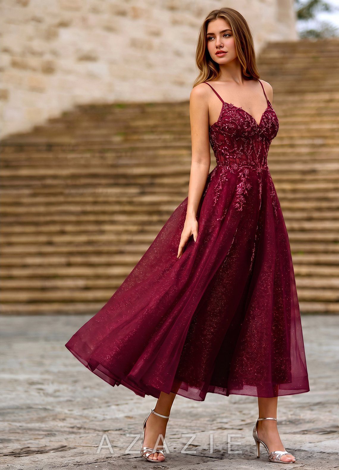 Clementinia Burgundy Sequin Embroidery Lace Beading Tulle Corset Maxi Dress