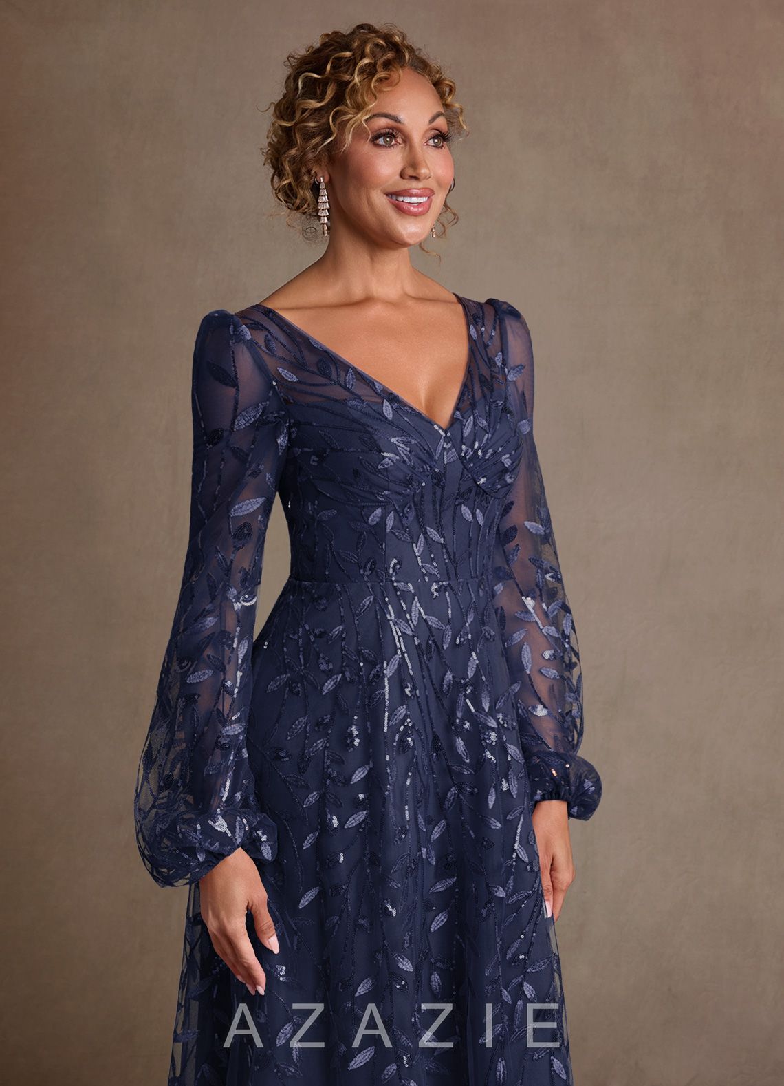 Azazie Mazie Dark Navy A-Line Lace Tulle Dress dark_navy
