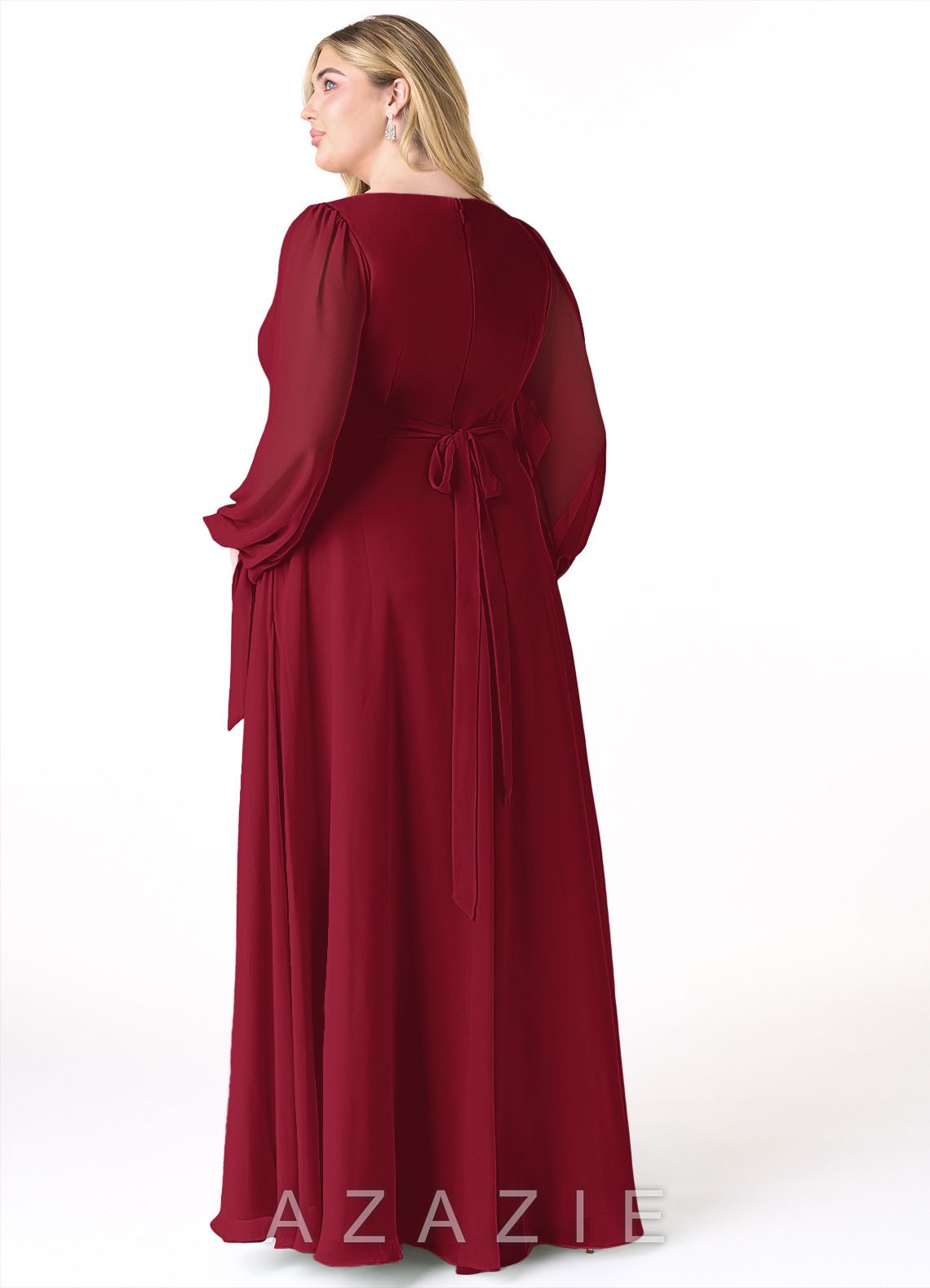Azazie Leonia Burgundy A-Line Long Sleeve Chiffon Dress burgundy