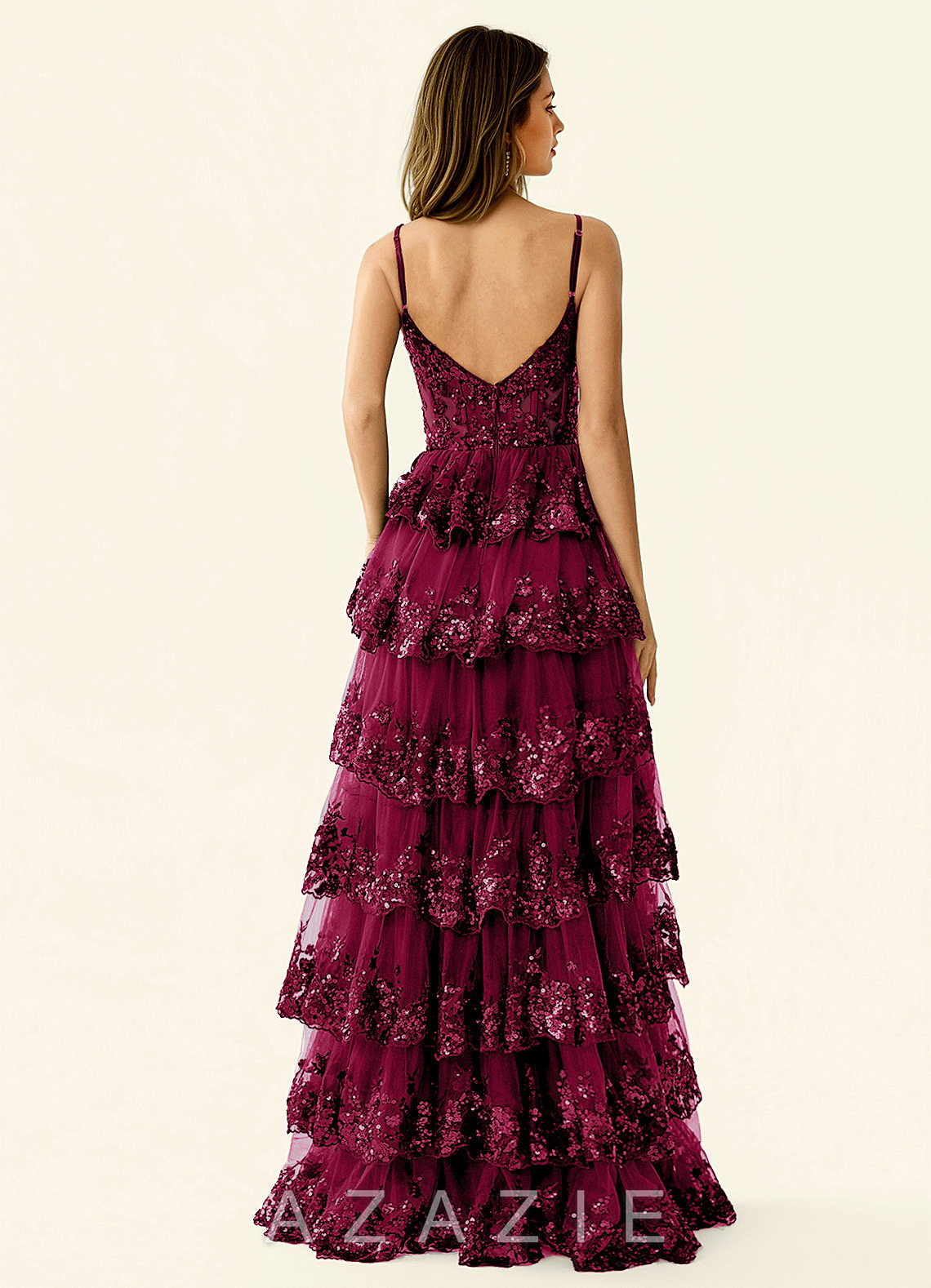 Tindra Burgundy Sequins Ruffles Prom Dress