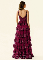 Tindra Burgundy Sequins Ruffles Prom Dress