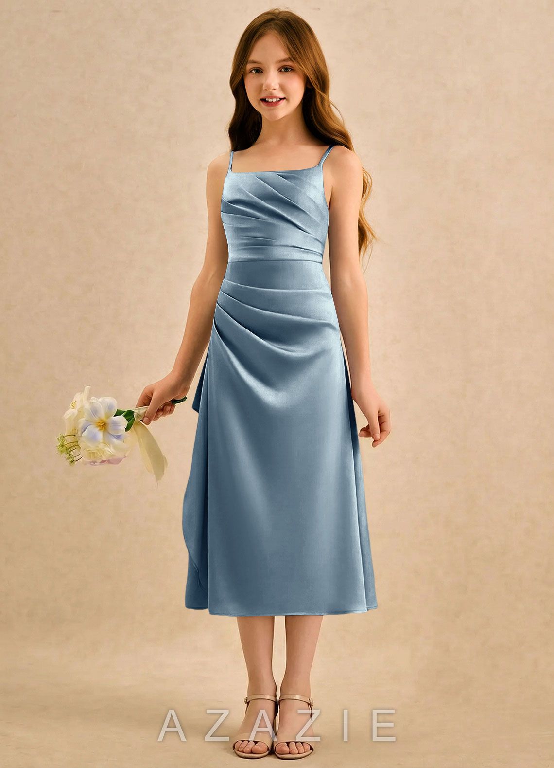 Azazie Canna Girls Formal Dusty Blue A-Line Pleated Stretch Satin Dress dusty_blue