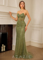 Katheron Green Beading Tulle Mermaid Corset Prom Dress  green