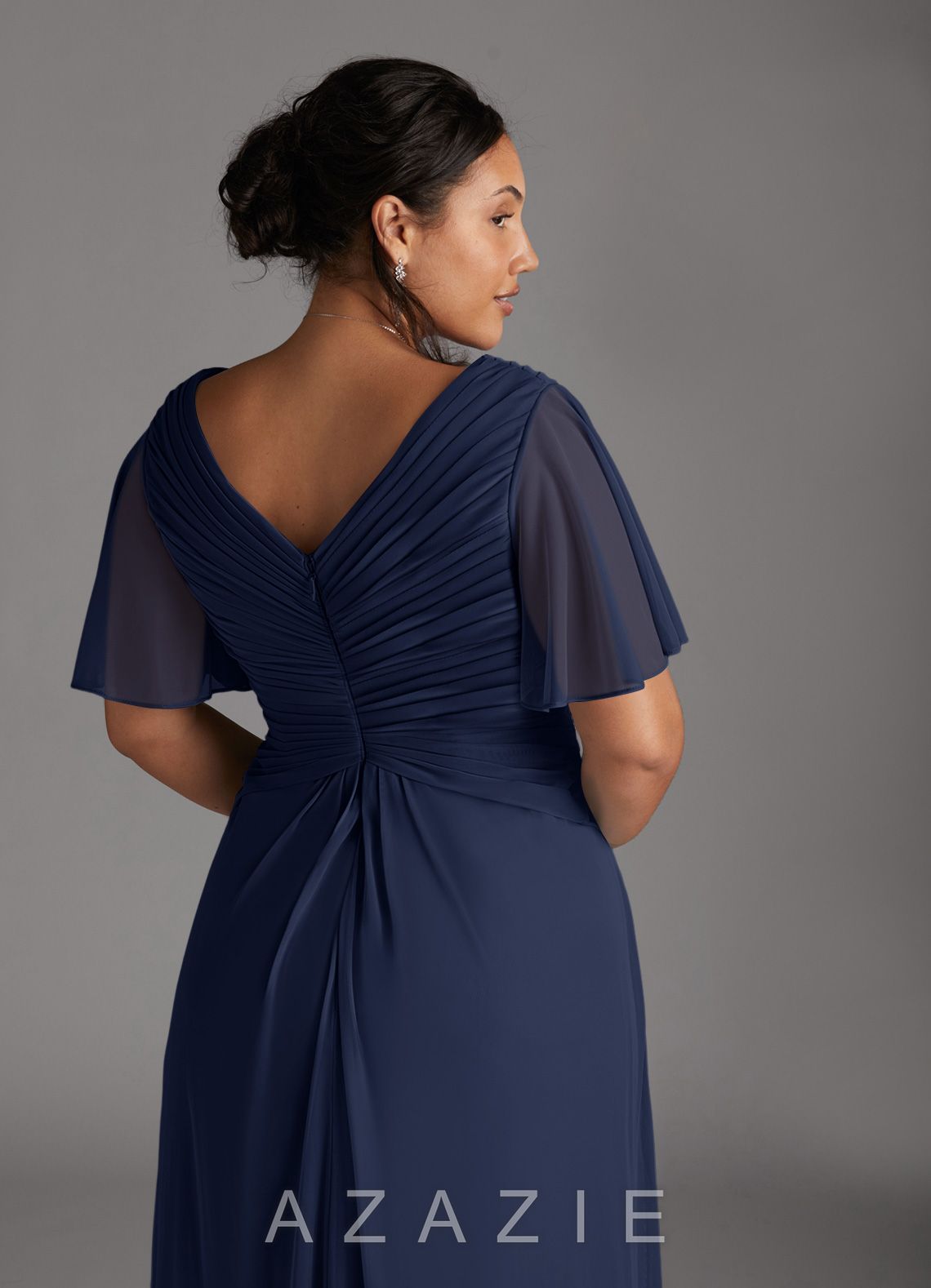 Azazie Emmeline Dark Navy A-Line V-Neck Pleated Mesh Dress dark_navy