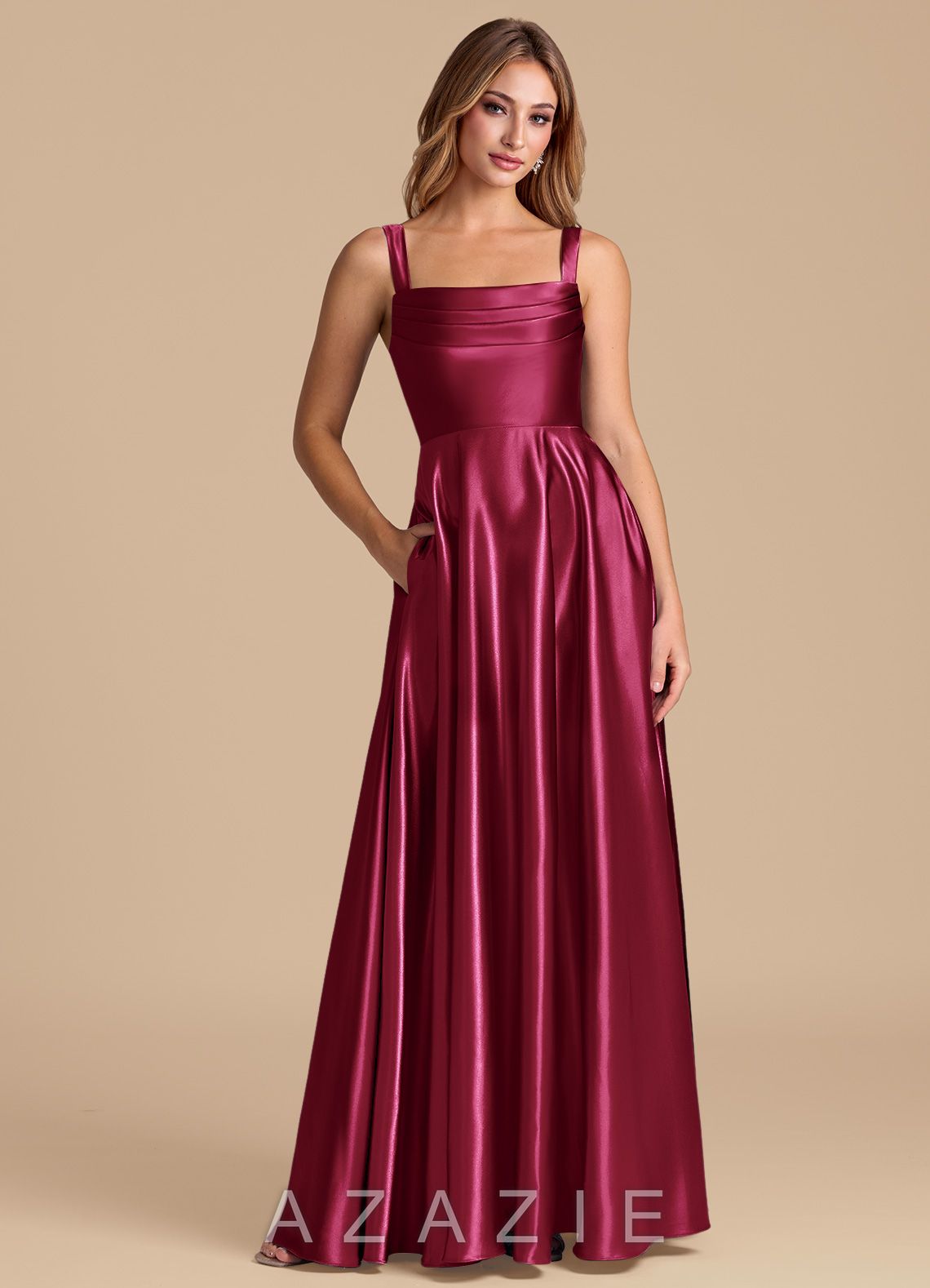 Azazie Shaude Burgundy A-Line Pleated Metallic Satin Dress