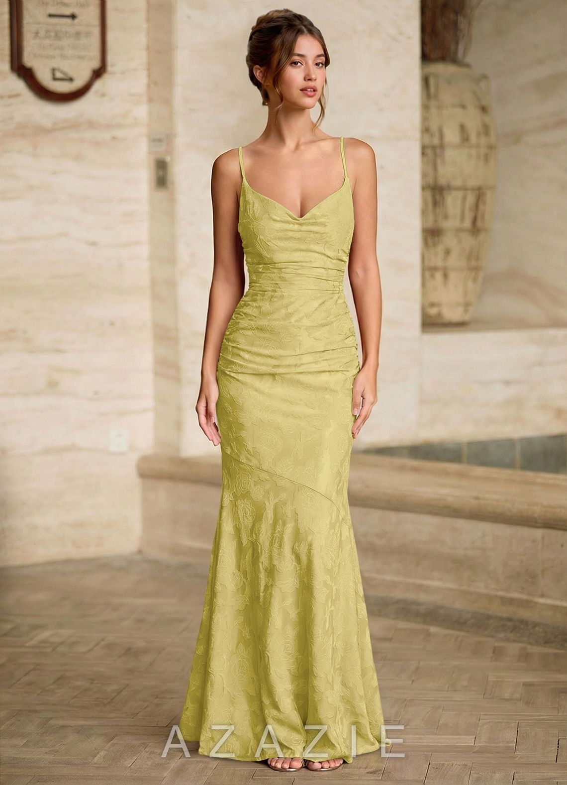 Leahenmo Pastel Yellow Floral Jacquard Prom Dress