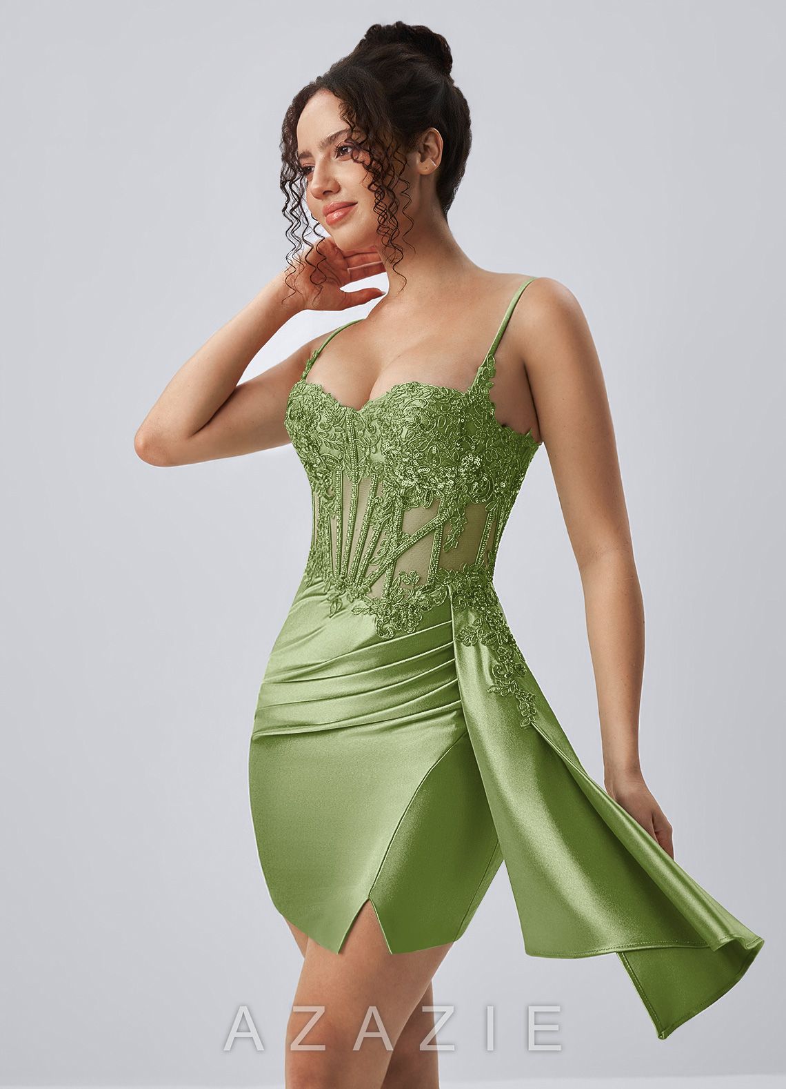 Calisthenia Sage Stretch Satin Corset Lace Rhinestones Mini Dress