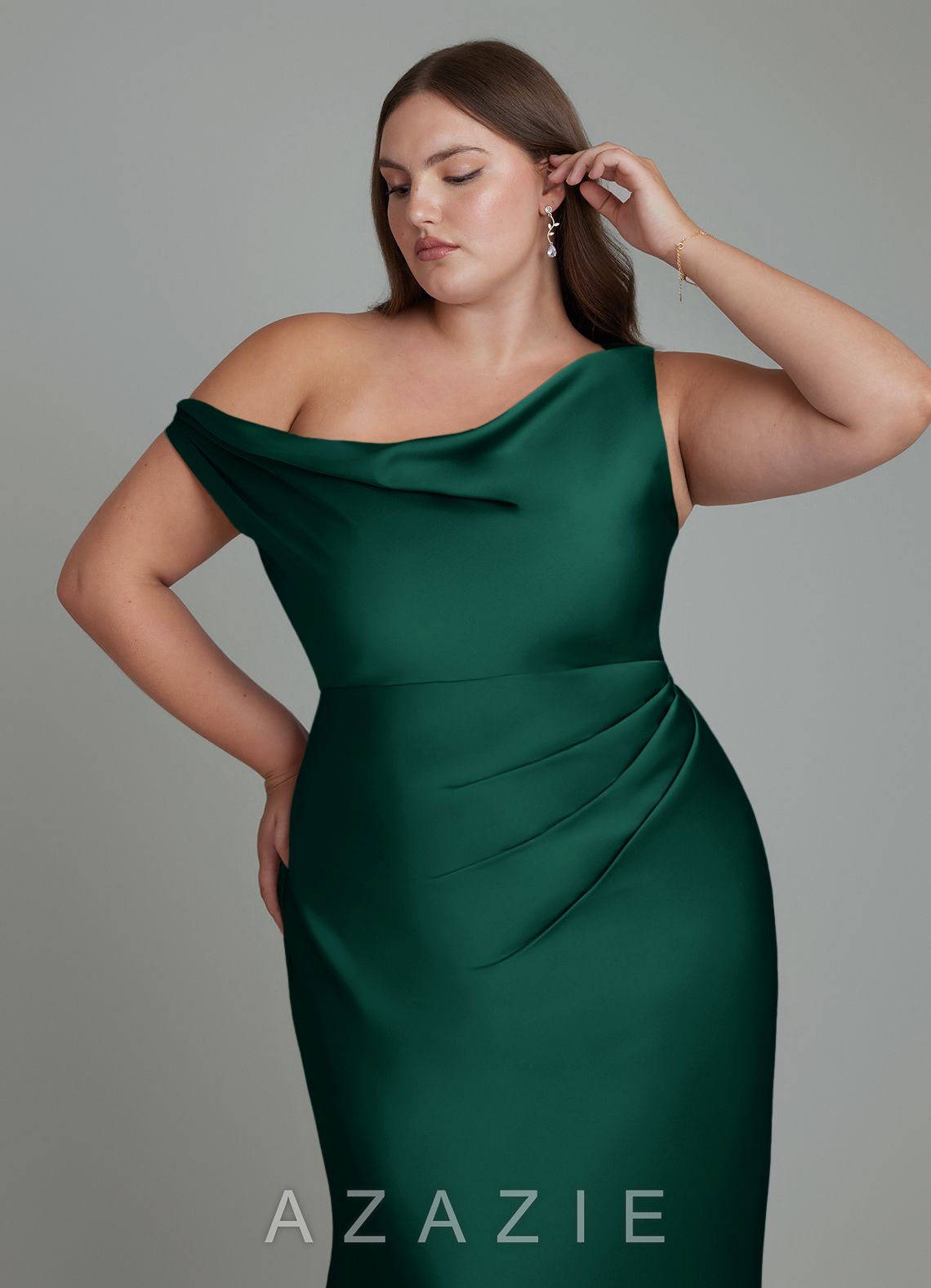 Azazie Emerson Emerald Mermaid Off the Shoulder Stretch Satin Dress emerald