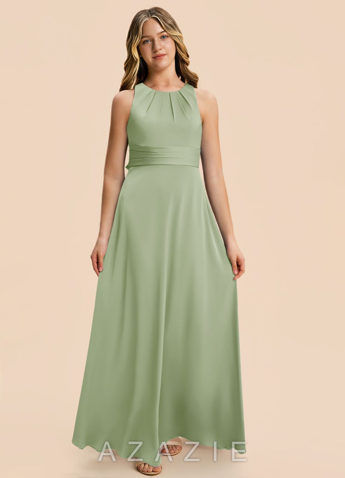 Azazie Christina Junior Dusty Sage A-Line Ruched Stretch Satin Dress dusty_sage