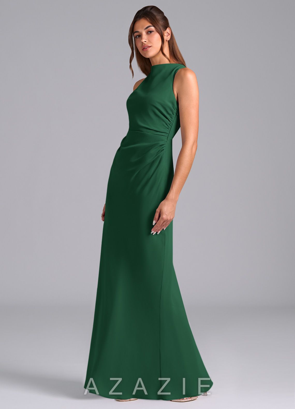 Azazie Evadne Dark Green Sheath Pleated Chiffon Dress