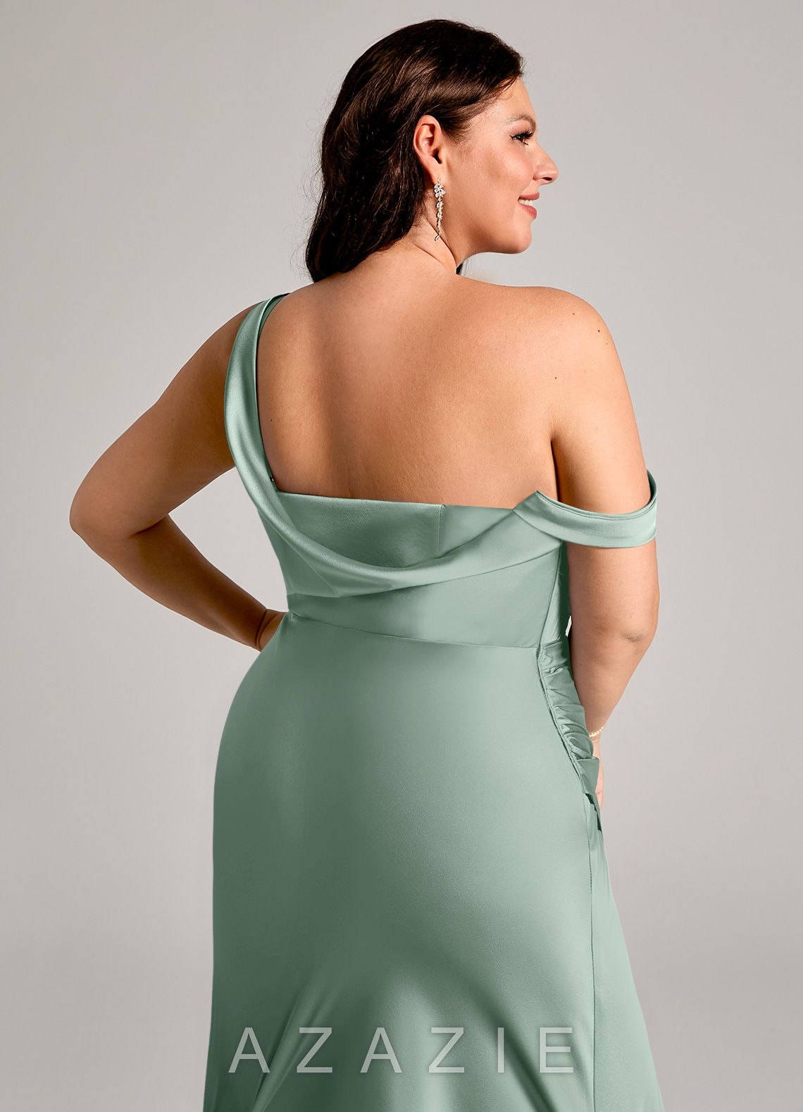 Azazie Madelyn Agave Mermaid One Shoulder Stretch Satin Convertible Dress agave