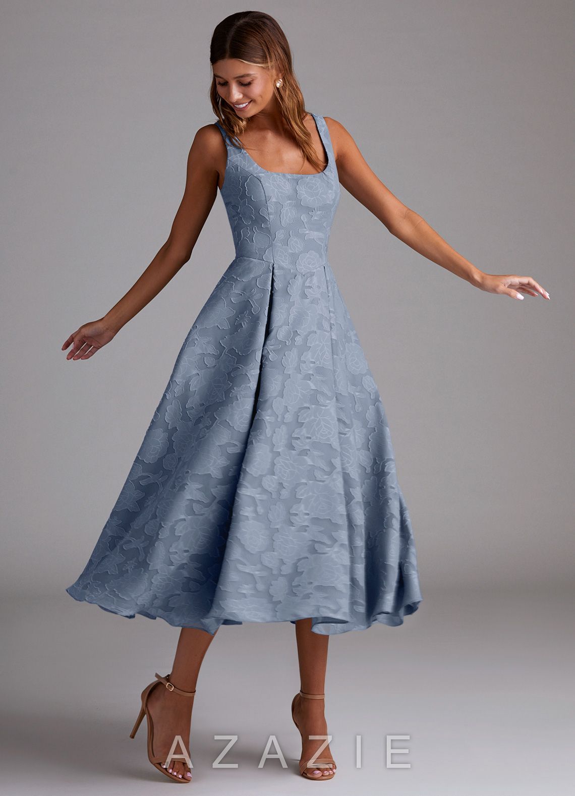 Azazie Amalie Dusty Blue A-Line Pleated Floral Burnout Dress dusty_blue