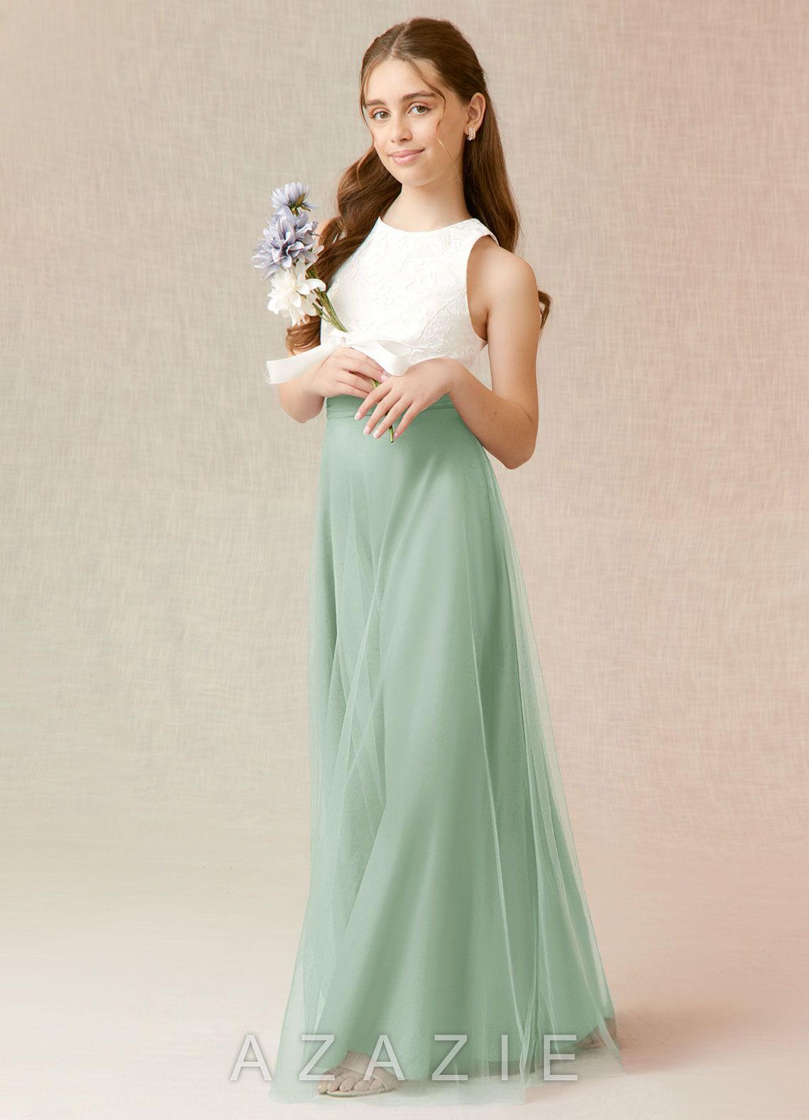 Azazie Albertine Junior Agave A-Line Lace Chiffon Dress agave