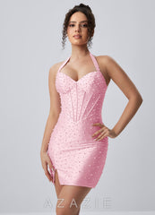 Marianne Pink Halter Pearl Satin Corset Slit Mini Dress