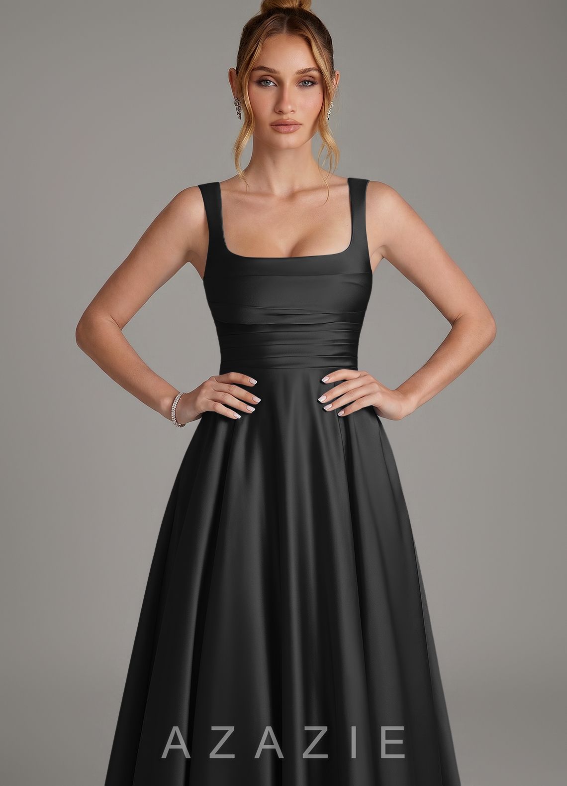 Azazie Azaria Black A-Line Corset Stretch Satin Dress