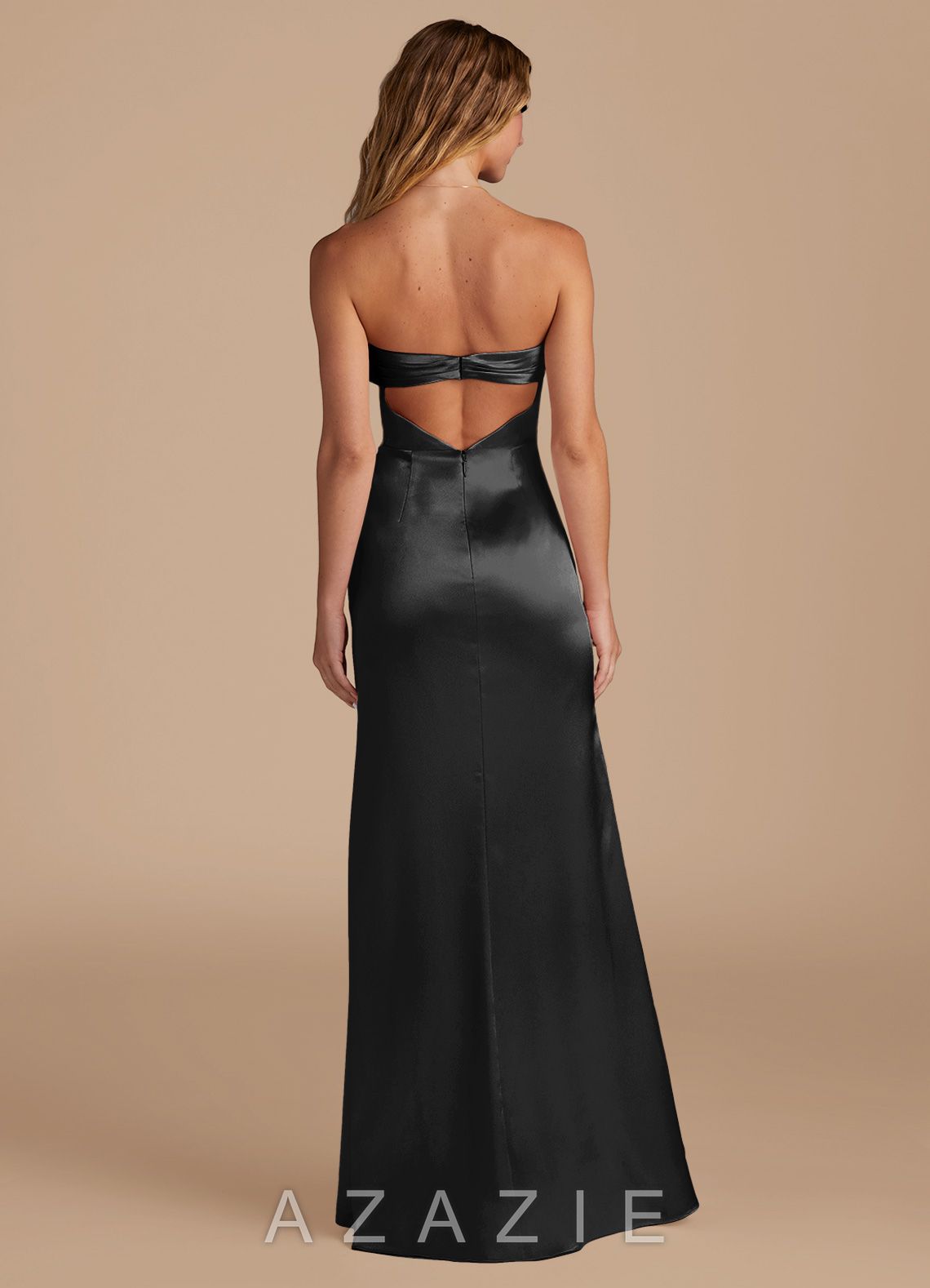 Azazie Leonis Black Mermaid Pleated Metallic Satin Convertible Dress black