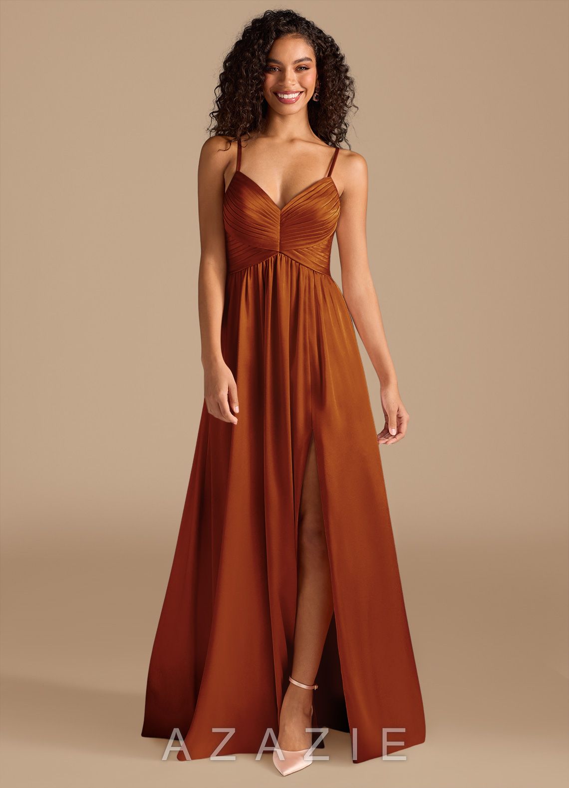 Azazie Alia Auburn A-Line Pleated Metallic Satin Dress auburn