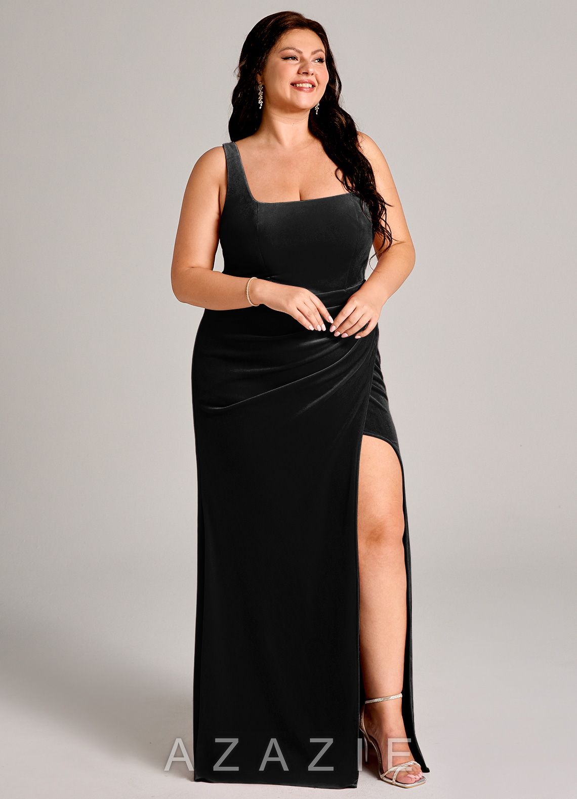 Azazie Mero Black Mermaid Pleated Velvet Dress black