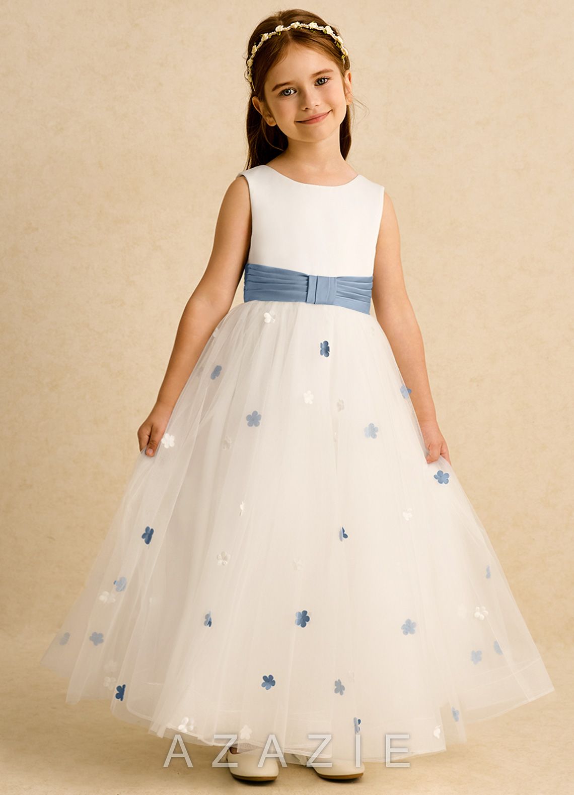 Azazie Cricket Ivory Dusty Blue Ball-Gown Pleated Matte Satin Dress