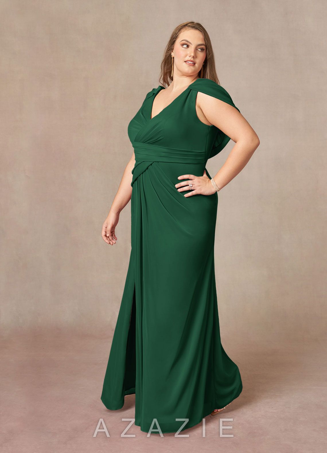 Azazie Luisa Dark Green Mermaid V-Neck Pleated Mesh Dress dark_green