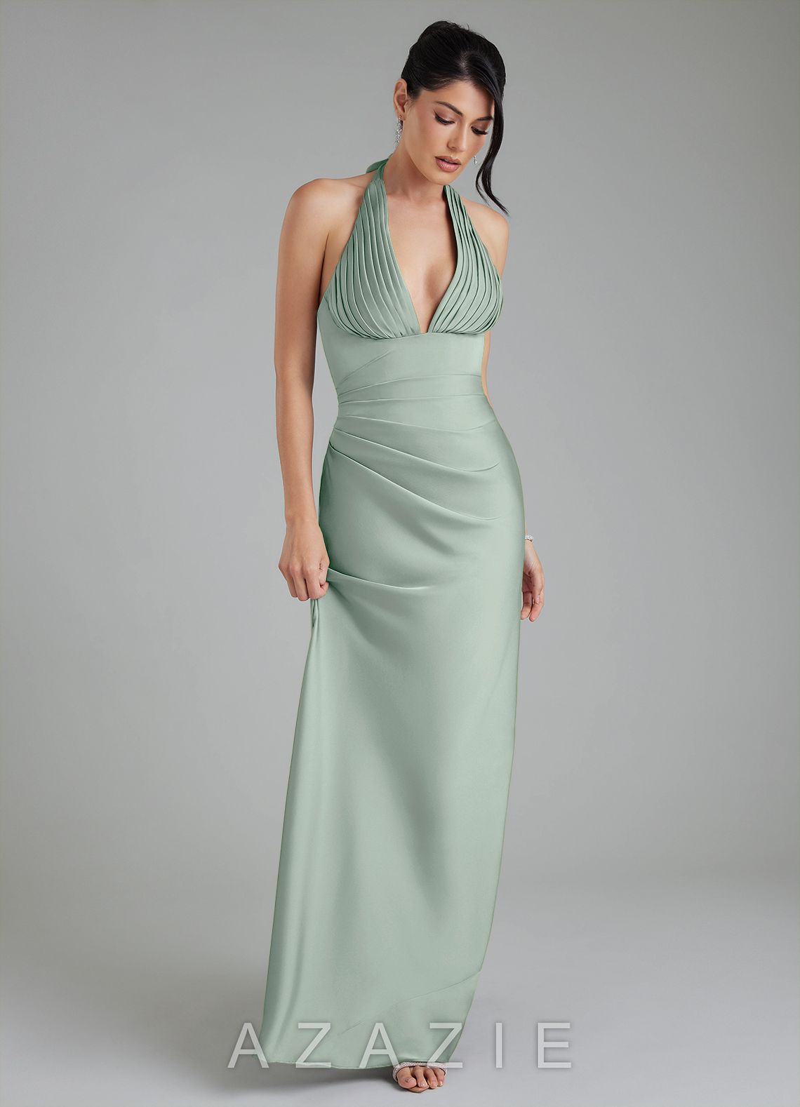 Azazie Torrance Agave Mermaid Corset Stretch Satin Dress agave