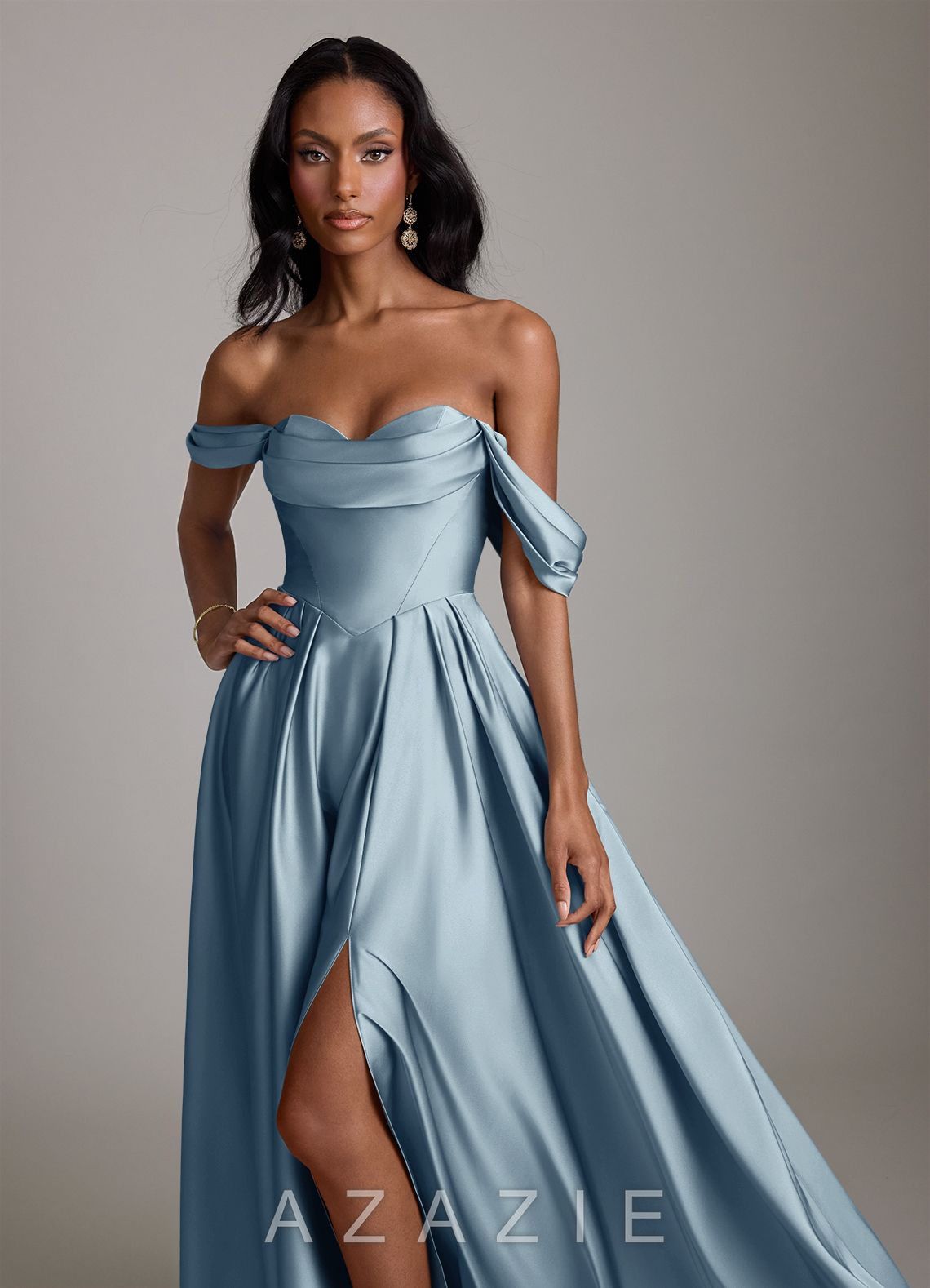 Azazie Loisa Dusty Blue A-Line Off the Shoulder Stretch Satin Dress dusty_blue