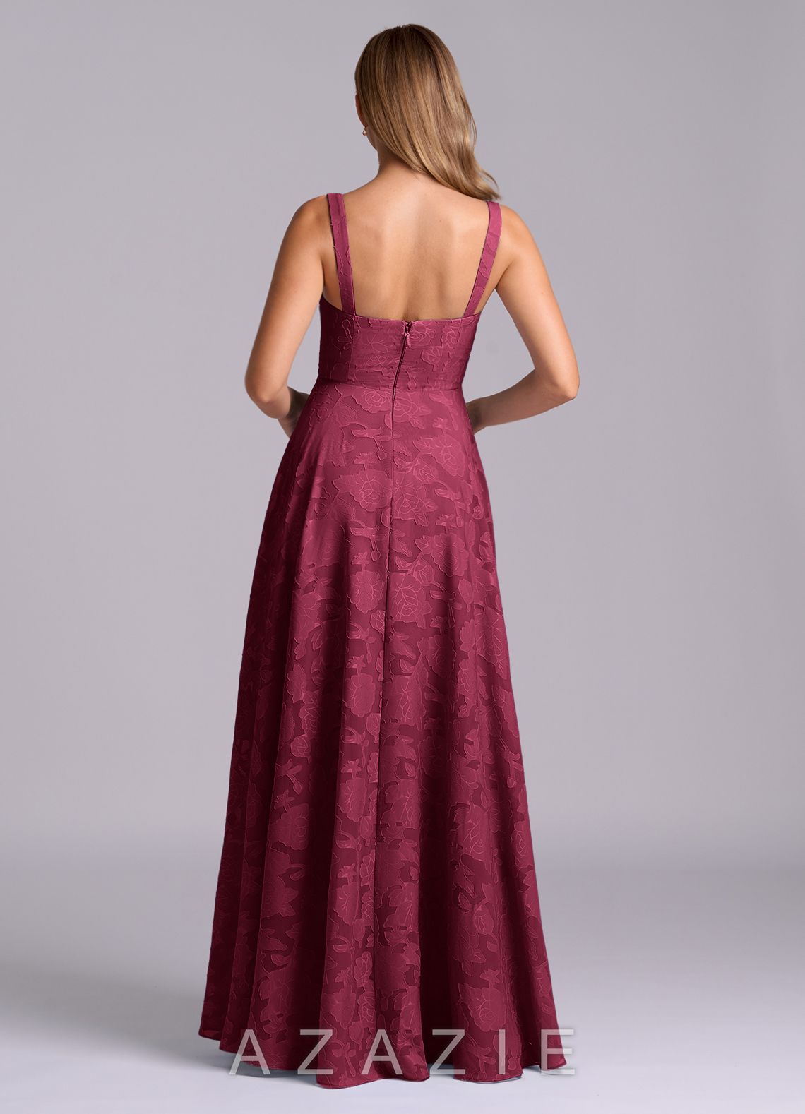 Azazie Shaude Burgundy A-Line Pleated Floral Burnout Dress burgundy