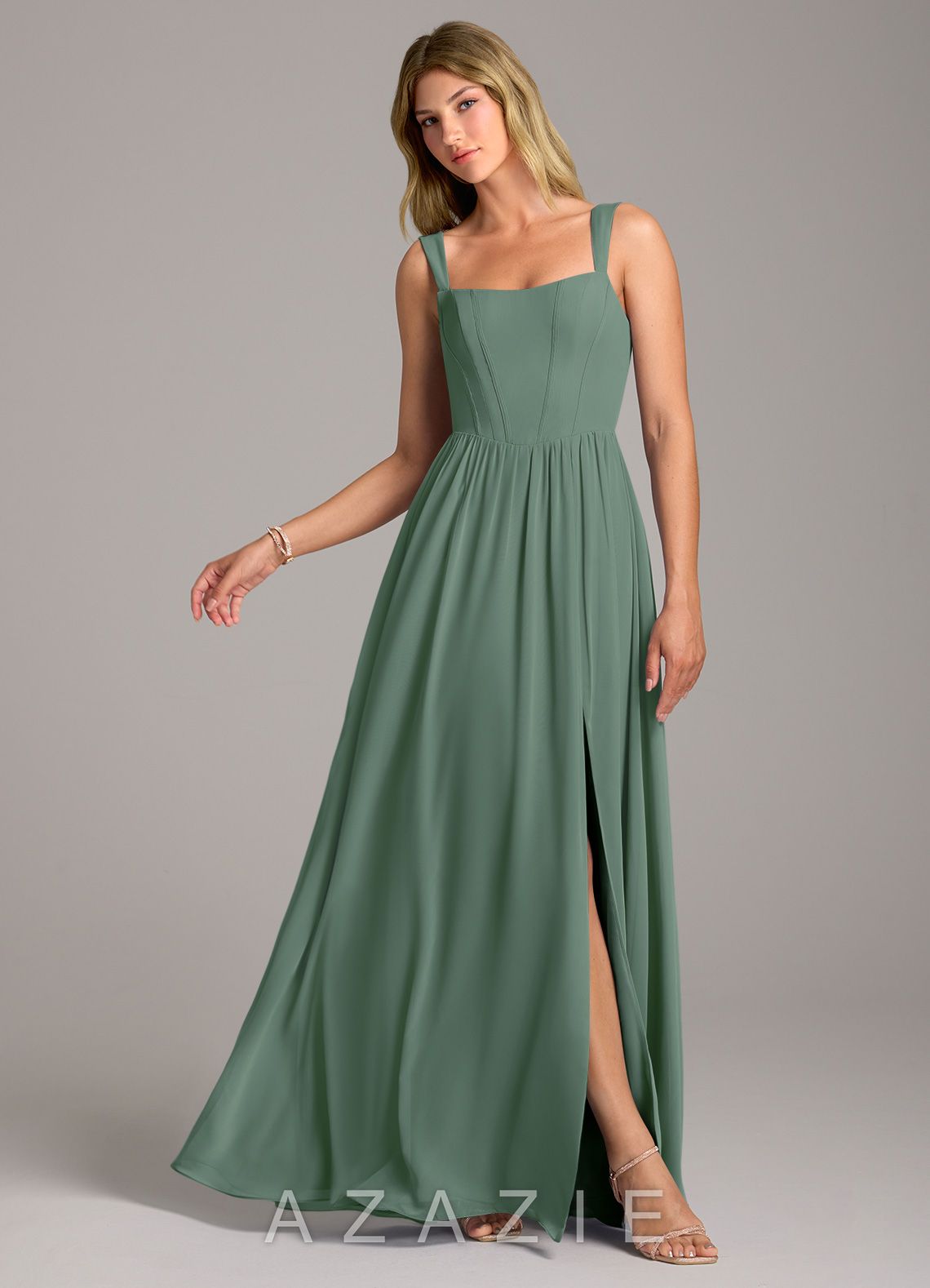 Azazie Rosaline Eucalyptus A-Line Side Slit Chiffon Dress
