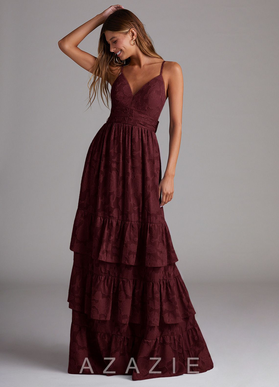 Azazie Nathalia Cabernet A-Line Bow Floral Burnout Dress