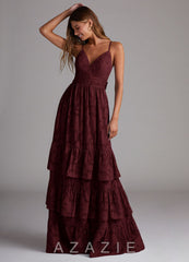 Azazie Nathalia Cabernet A-Line Bow Floral Burnout Dress