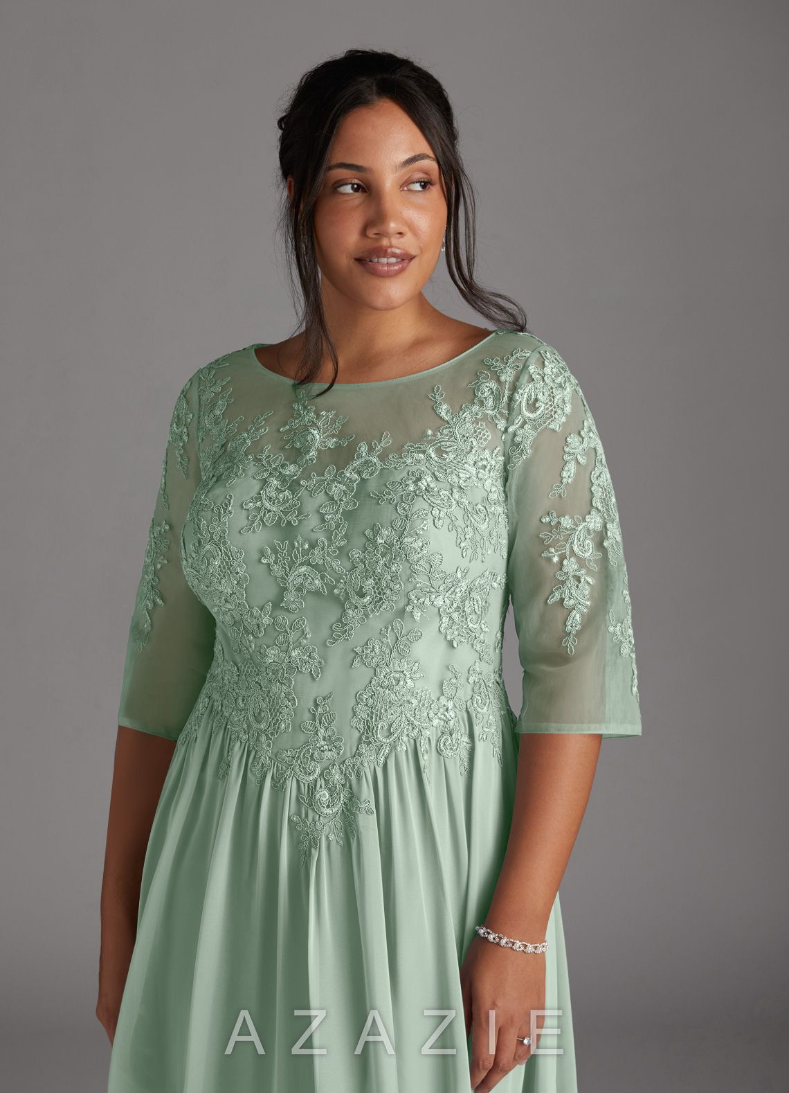 Azazie Mirielle Agave A-Line Scoop Lace Chiffon Dress agave