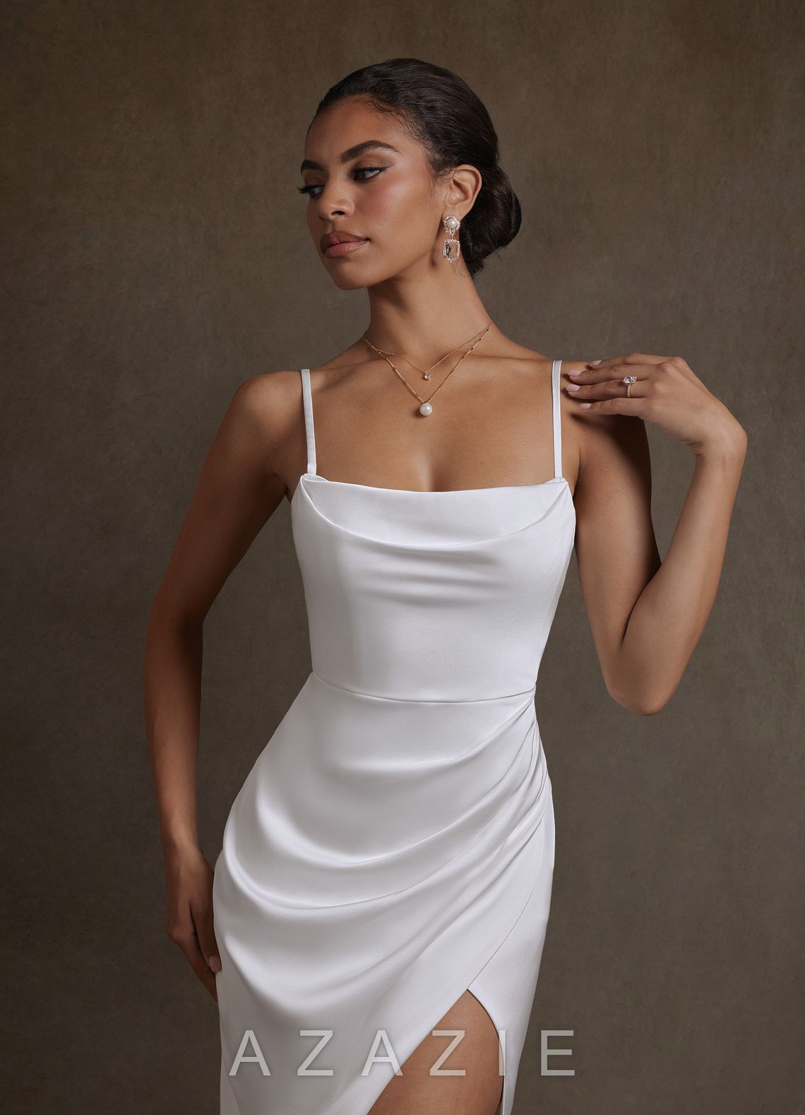 Azazie Katiya Diamond White Sheath Cowl Neckline Pleated Stretch Satin Dress diamond_white