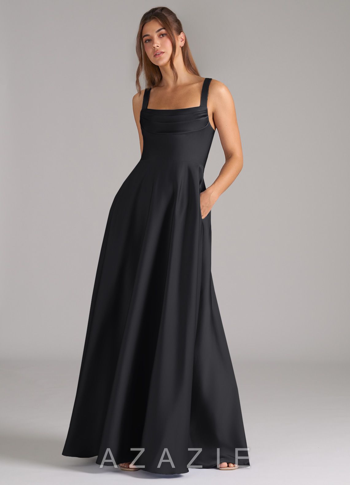 Azazie Shaude Black A-Line Pleated Stretch Satin Dress black