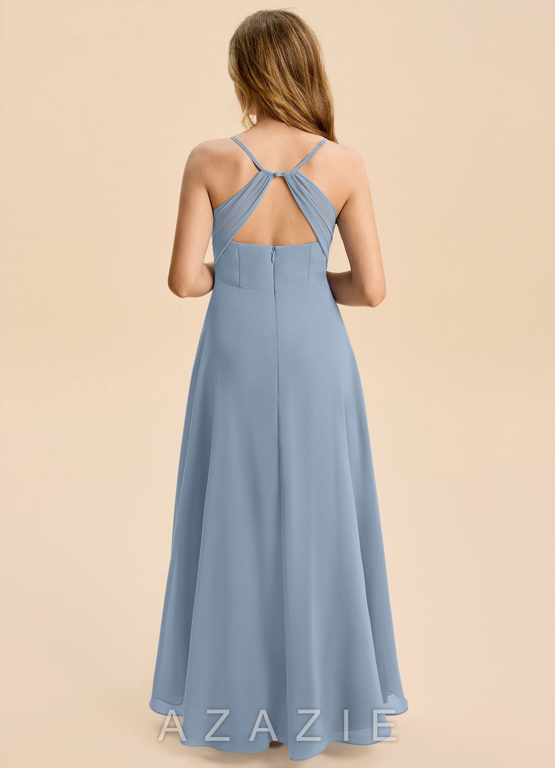 Azazie Gia Junior Dusty Blue A-Line Pleated Chiffon Dress dusty_blue