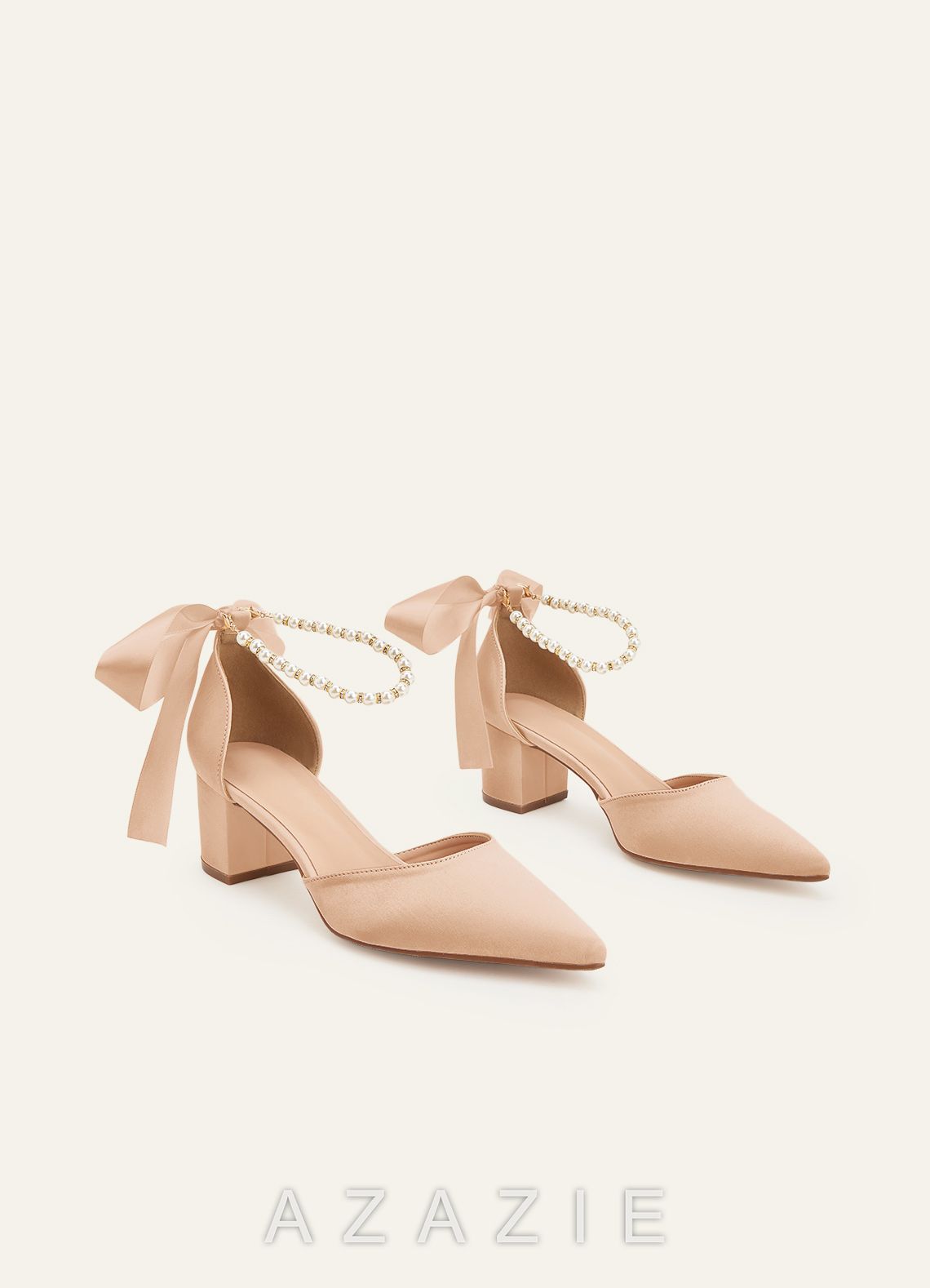 Matching Color Matte Satin Pearl and Bow Pointed Toe Block Heels