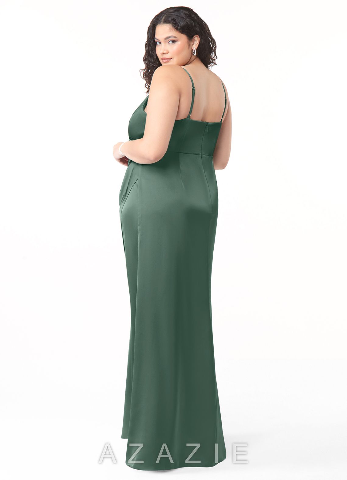 Azazie Maci Eucalyptus A-Line V-Neck Pleated Stretch Satin Dress eucalyptus